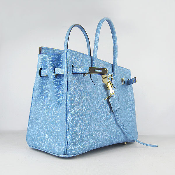 High Quality Fake Hermes Birkin 35CM Pearl Veins Leather Bag Light Blue 6089